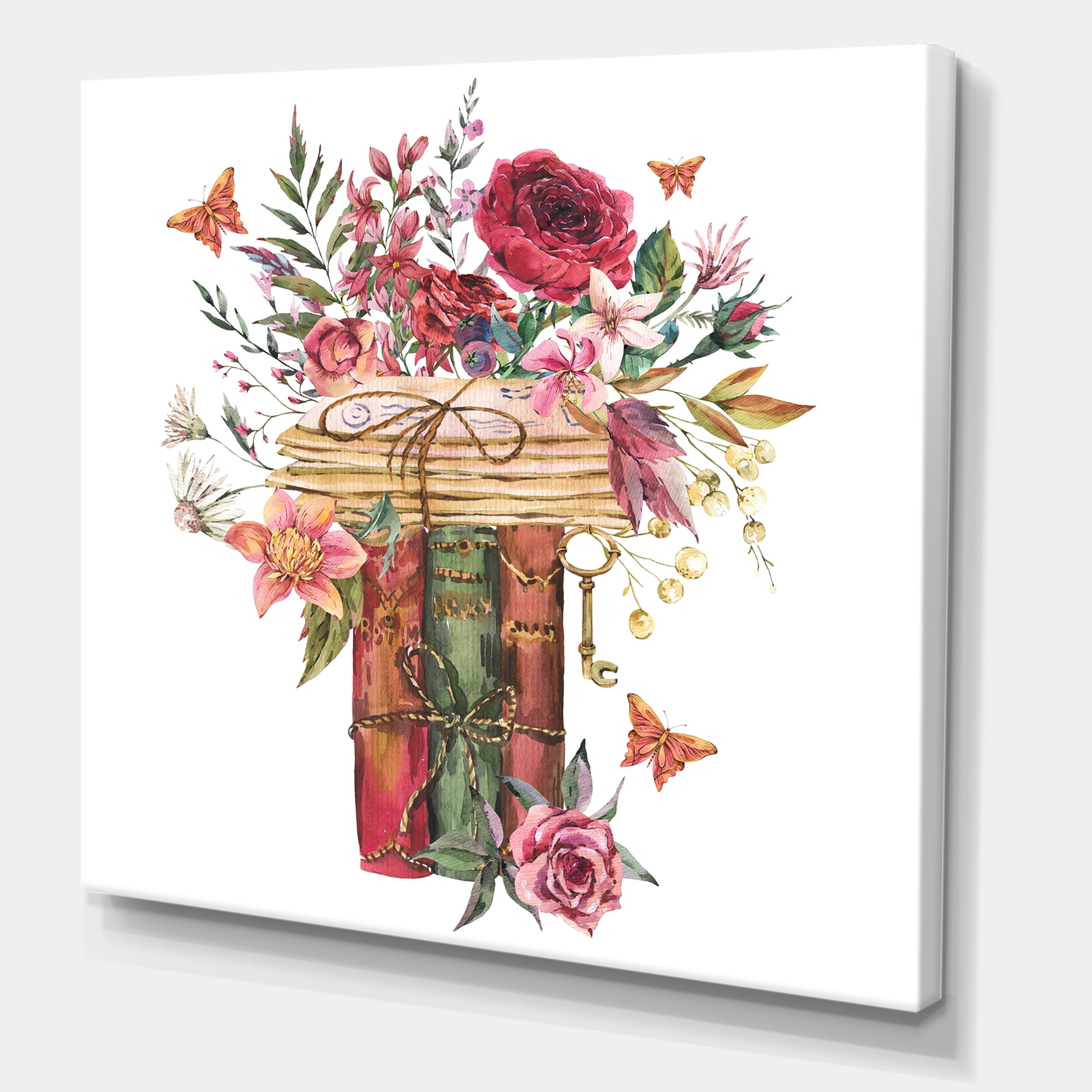 Wildflowers With Vintage Old Books 30 in x 30 in Painting Canvas Art Print, by Designart