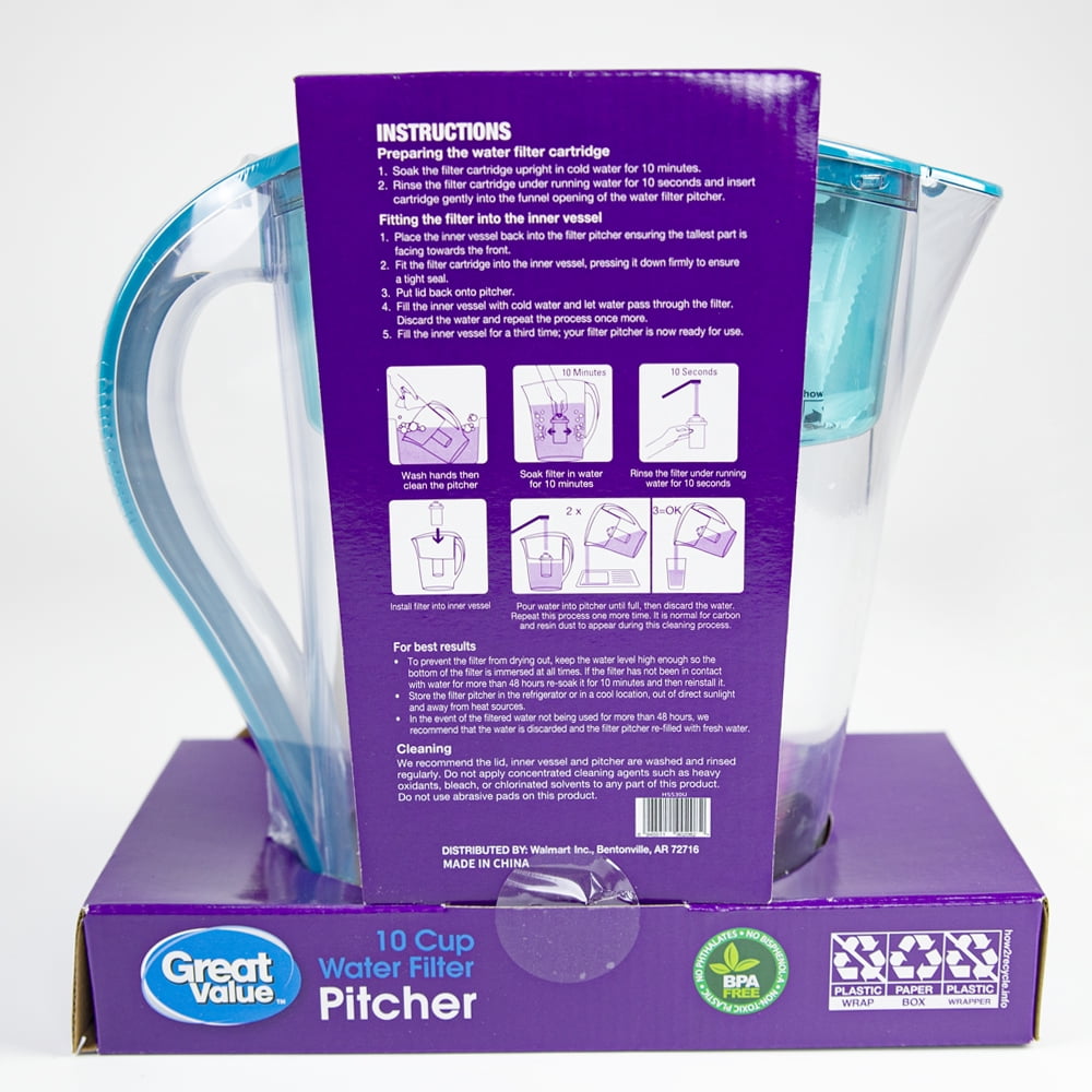 Great Value 10-Cup Water Pitcher, Blue, BPA-Free, BRITA Compatible, 2.5"Hx2.5"Wx4.8"D