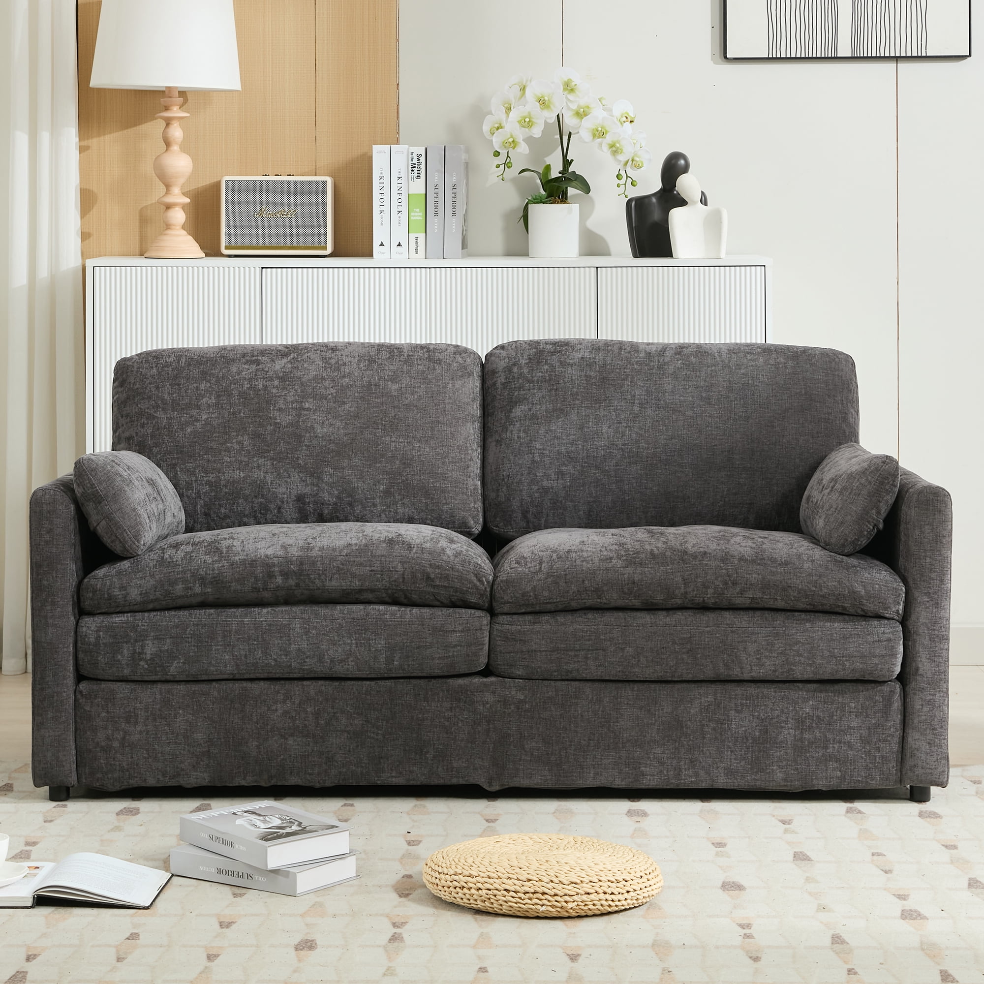 Euroco Modern Chenille Loveseat Sofa with Double-Layered Cushions, Ergonomic Armrests & Detachable Lumbar Pillows, Upholstered 2-Seater Couch for Living Room or Office