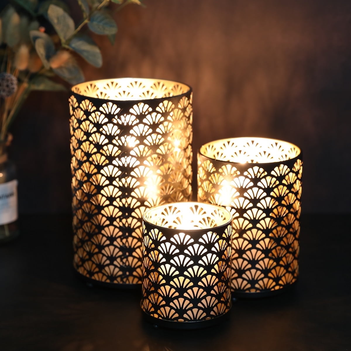 Set of 3 Metal Hurricane Candle Holder Vintage Pillar Candlestick Holders Votive and Tealight Candle Holder (Bronze)