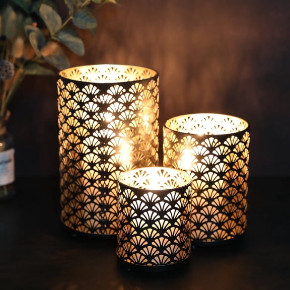 Set of 3 Metal Hurricane Candle Holder, Vintage Pillar Candlestick Holders, Votive and Tealight Candle Holder (Bronze)