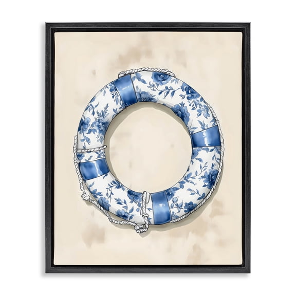 Stupell Industries Coastal Blue Floral Life Preserver Black Floating Frame Canvas Art, 17 x 21, by Arlington Prints