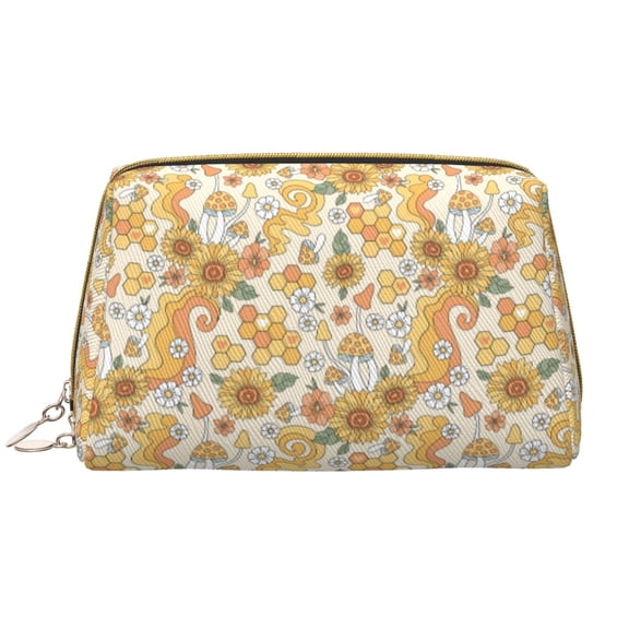 Naloa Retro 70s 60s Flower Leather Makeup Bag for Purse Travel, Portable Small Cosmetic Organizer for Women and Girls, Make up Bag with Zipper