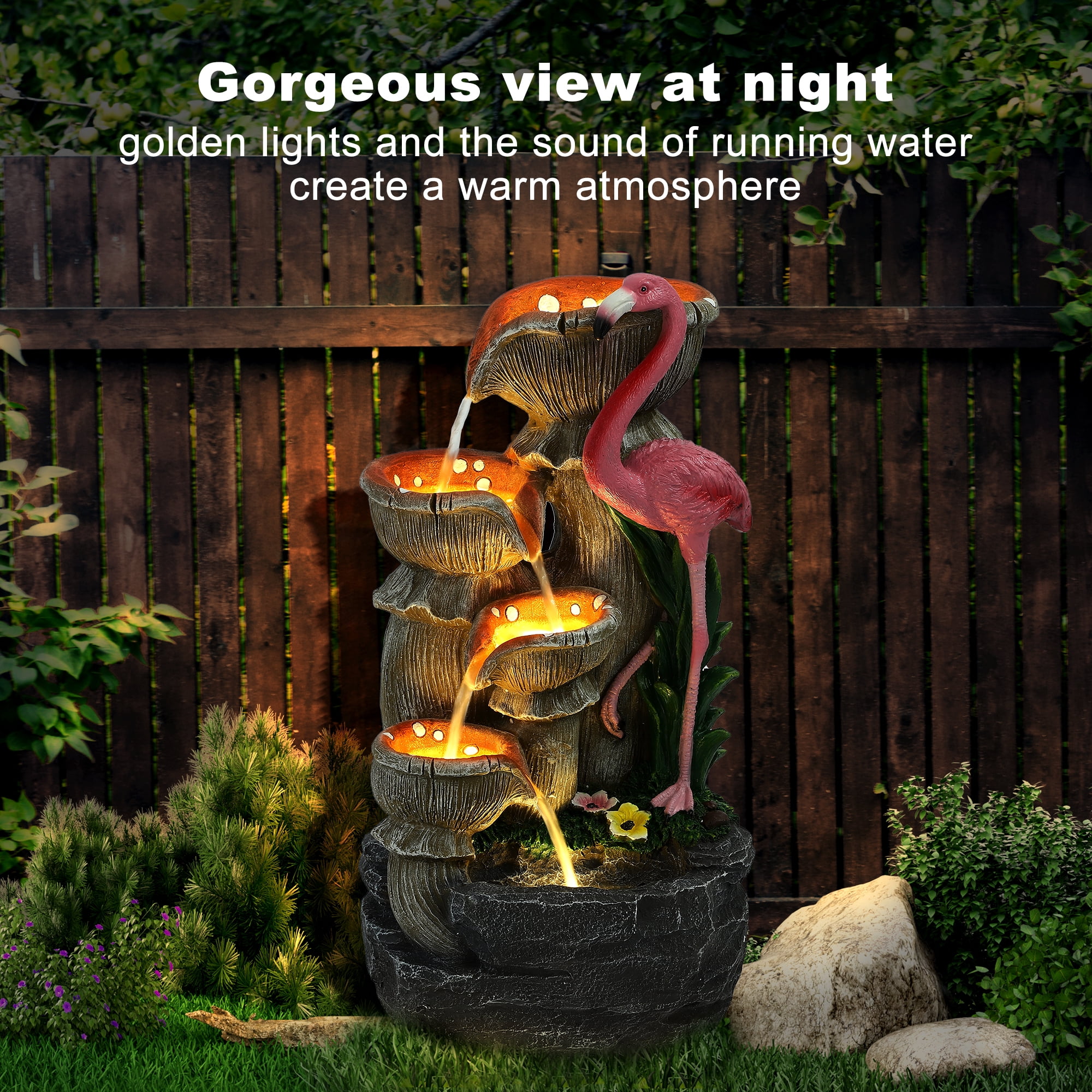 Haverchair 5 Tier Outdoor Flamingo Rock Fountain with Running Water, Bird Decorative Art with 5 LED Lights for Garden, Backyard and Porch, 24.4" H Cascading Stone Fountain