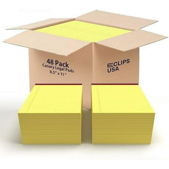 E-Clips USA 50-Sheet Legal Wide Ruled Paper Notepads with Chipboard Back, Canary Yellow, 48-Pack