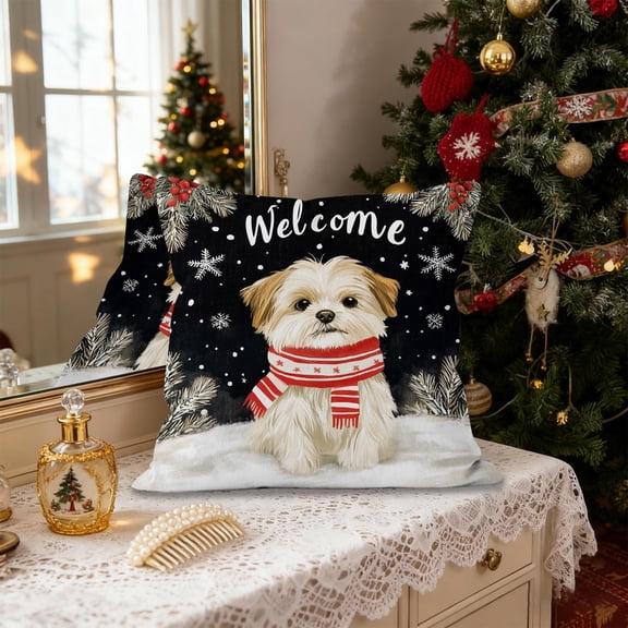 HCBY Christmas Winter Maltese Decorative Throw Pillow Covers, Dog Terrier Decorative Throw Pillows, Snowflake Porch Outdoor Pillowcase, Sofa Couch Cushion Case Home Decor Gift