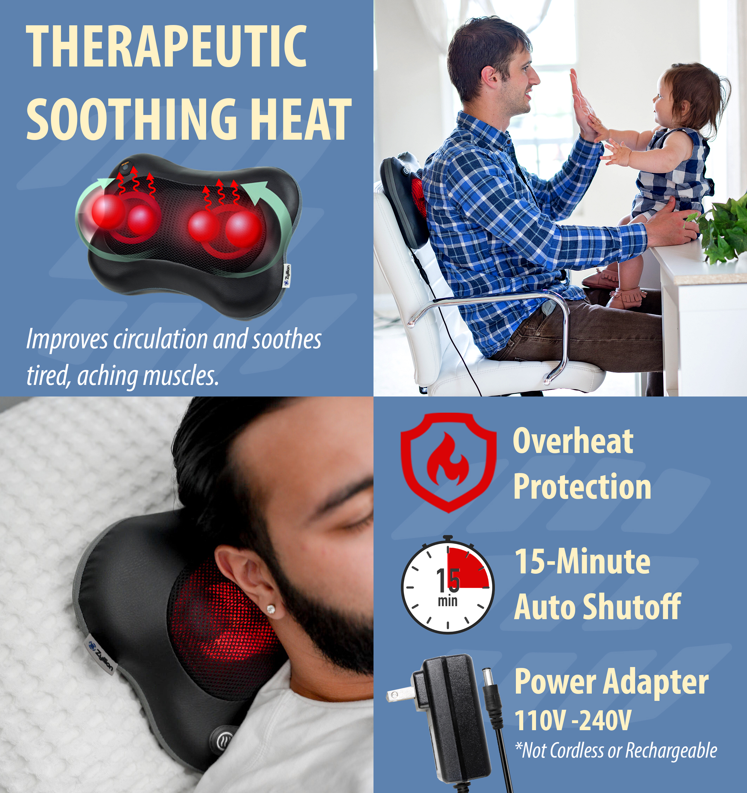 Zyllion Shiatsu Back & Neck Massager 3D Kneading 2-Speed Massage Pillow with Heat for Muscle Pain, Black