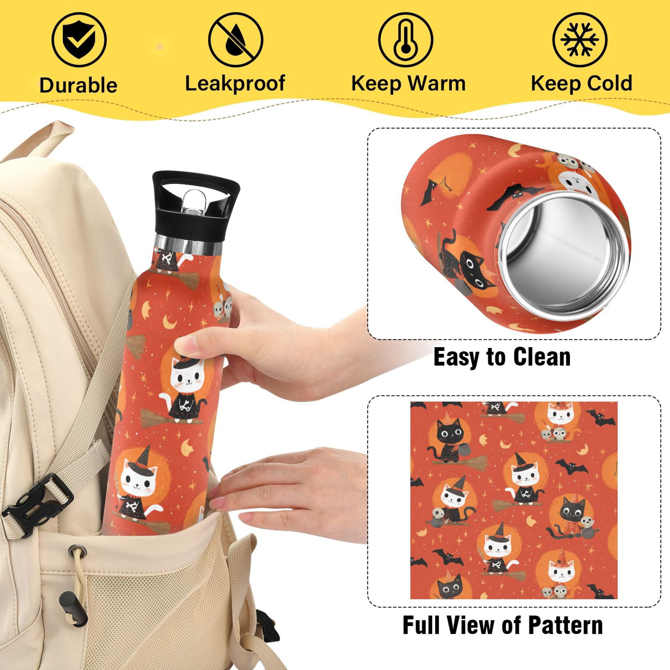 Kids Insulated Stainless Steel Sports Water Bottle 600ml (20oz) Cat Riding A Broom