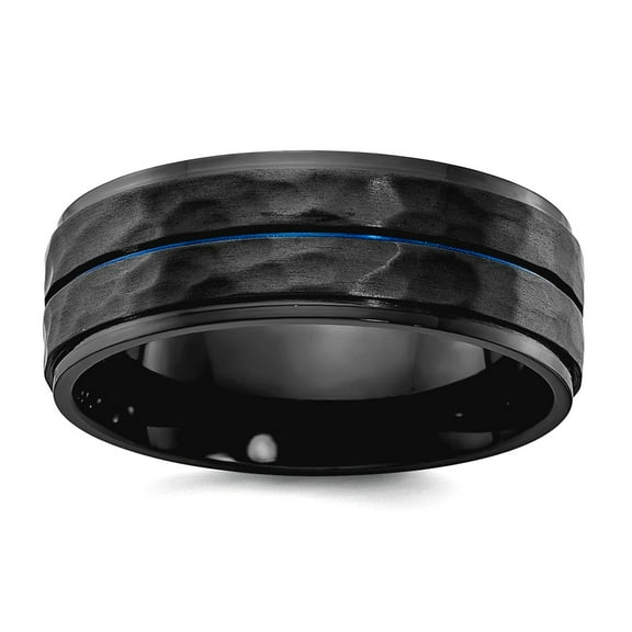 Black Zirconium Brushed Polished and Hammered With Blue Ip 8mm Band Size 11.5 Ring for Women and Men