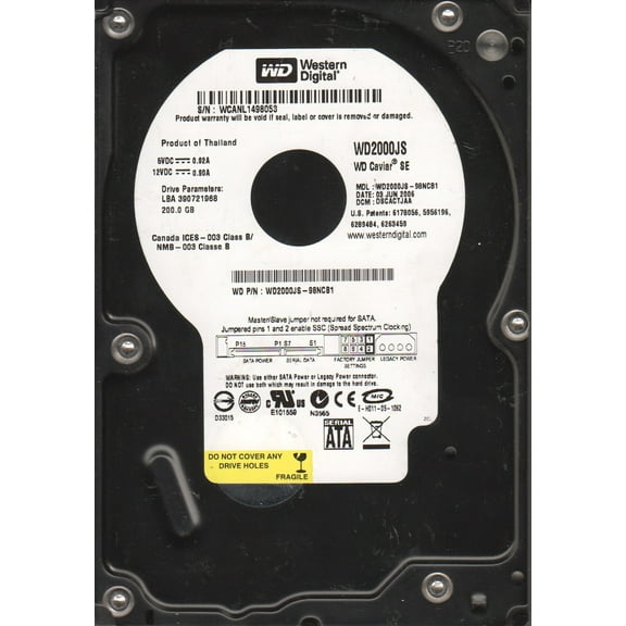 WD2000JS-98NCB1, DCM DSCACTJAA, Western Digital 200GB SATA 3.5 Hard Drive
