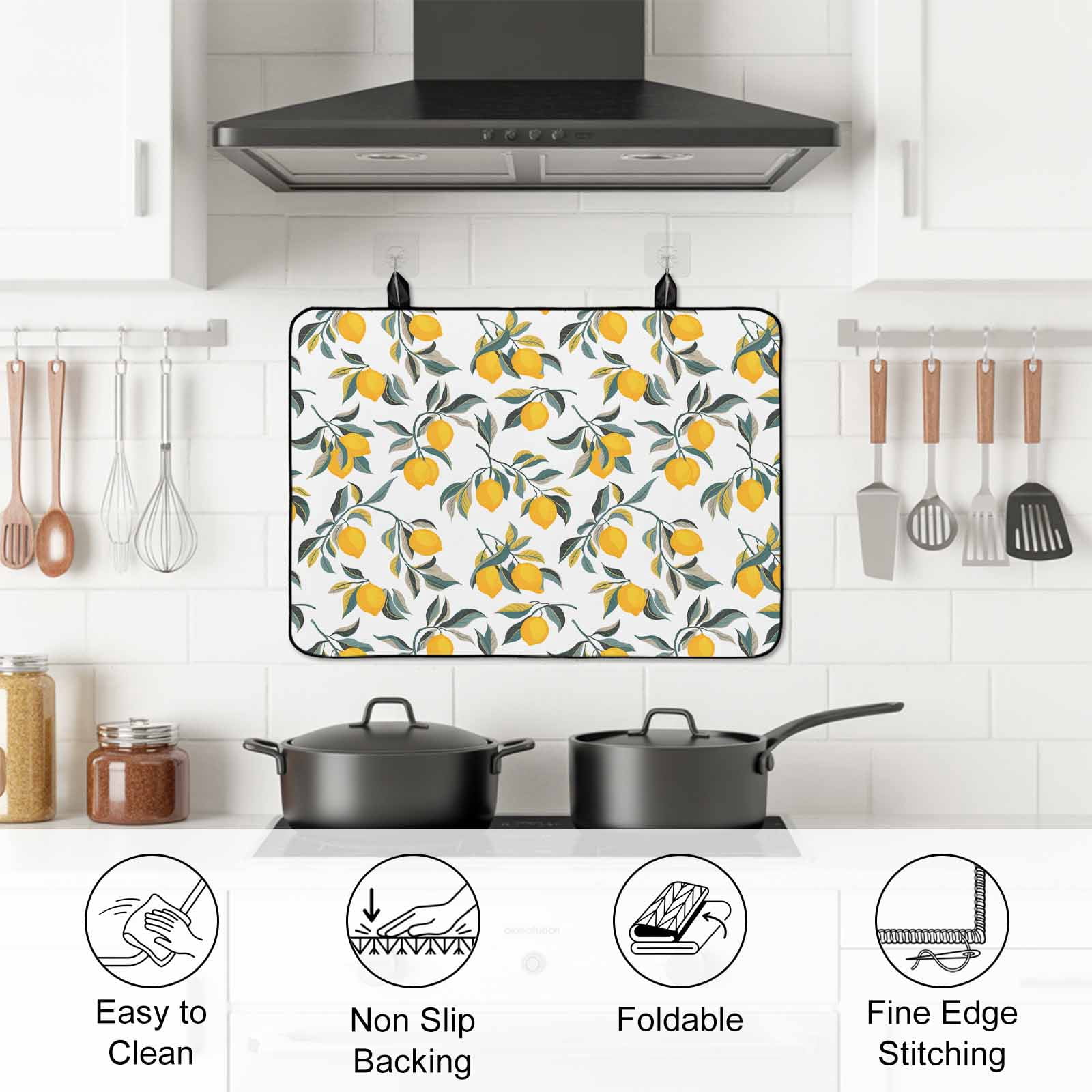 Lemon Leaves Stove Top Cover for Electric Stove, Heat-proof & Non Slip Glass Top Stove Cover Protector, Summer Botanical Kitchen Flat Cooktop Rubber Mat 24x21 Inches