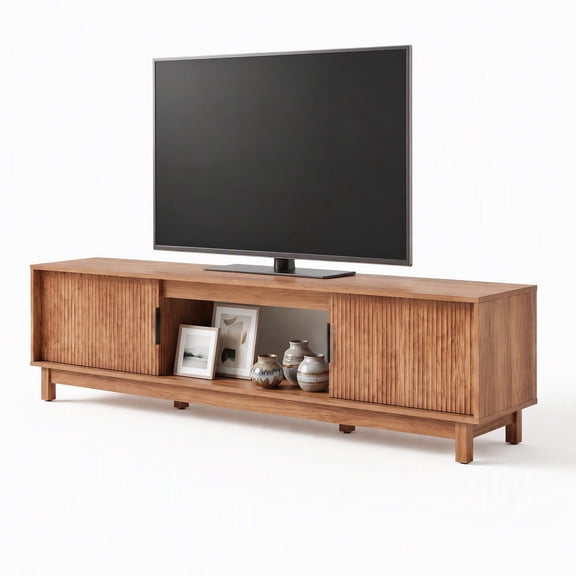 EDX Rattan TV Stand for 70" TV , Media Console Table with Storage with Cabinets and Shelves for Living Room, Brown