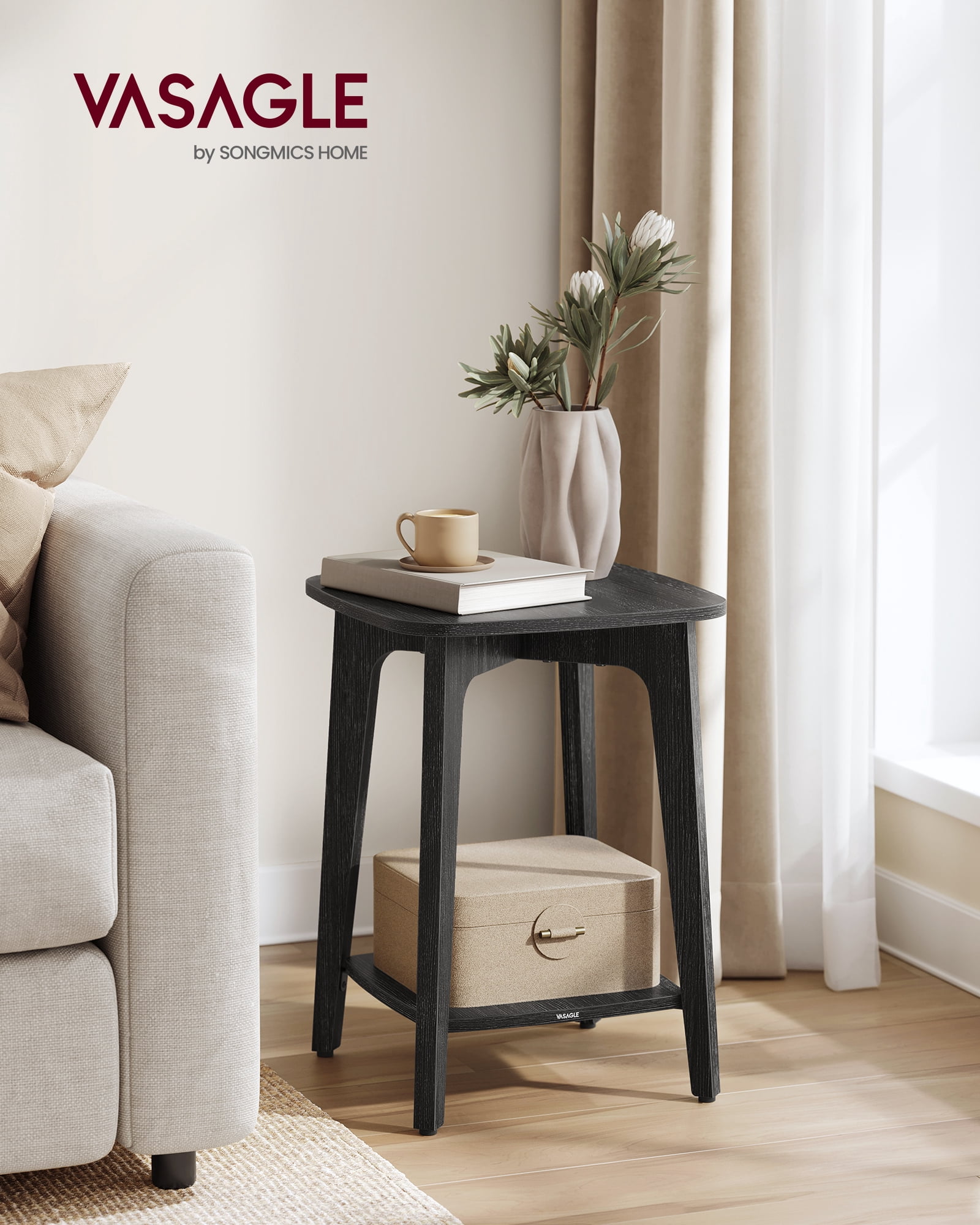 Side Table, Small Square End Table with Lower Shelf, Nightstand for Small Spaces, Charcoal Gray