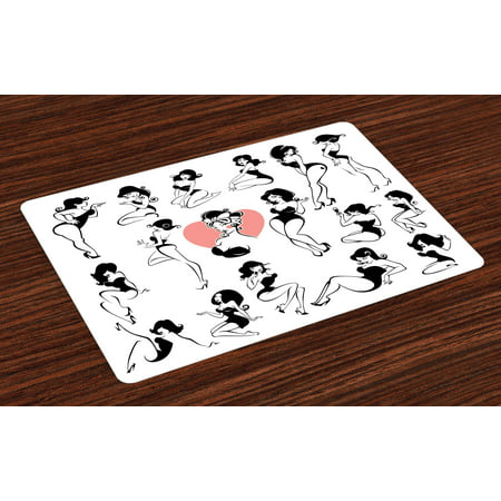 Girls Placemats Set of 4 Famous Sexy Girl Model Posing with Full Body Features Heart Tattoo on Thigh Make Up, Washable Fabric Place Mats for Dining Room Kitchen Table Decor,Black White, by (Best Tattoo Places For Girls)