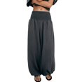 thumbnail image 3 of Women's Solid Color High Waisted Gathered Cotton Linen Pants, Balloon Harem Trousers with Elastic Cuff, Loose Wide Leg Breathable Summer Travel Casual Pants Grey L, 3 of 5
