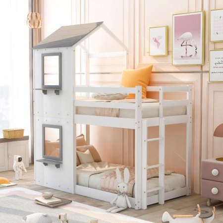 Twin Over Twin Bunk Bed Wood Bed with Roof  2 Front Windows  Safety Guardrail  Built-in Ladder for Kids  Teens  Girls  Boys (White)