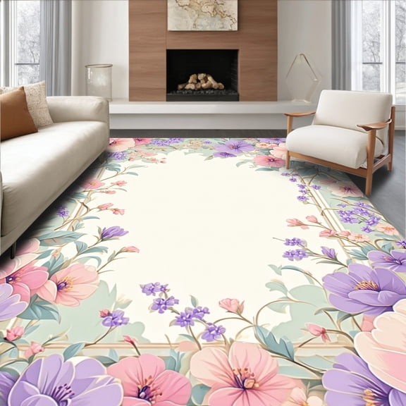 ODIKA 4'x6' Machine Washable Non-Slip Area Rug, Whimsical Floral Pastel Palette High Traffic Rug, Pink, 205679