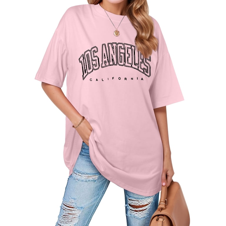 Tankaneo Vrouwen Mode V-hals Halve Mouwen Oversized T-shirt Effen Casual Losse Basic Tops, roze, XL
