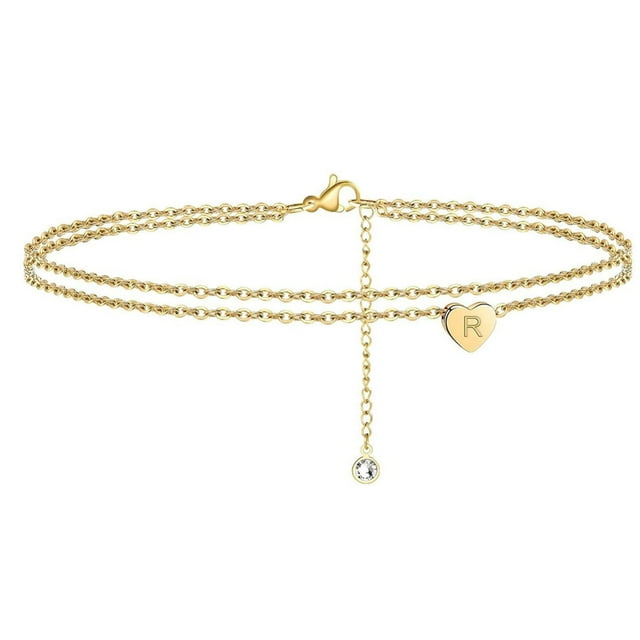 Fiudx Pulseras de Playa con Inicial de Corazón para Mujer (2022), Delicadas Tobilleras En Capas Bañadas En Oro de 14 Quilates, con Inicial de Letra y Corazón, Joyería de Playa.