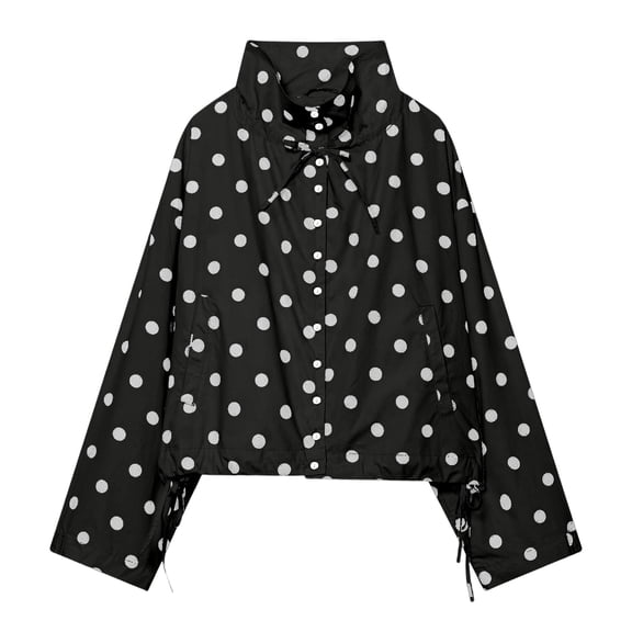 Sewkxo Colorful world Womens Polka Dot Jacket Drawstring Hem Button Front Cropped Lightweight Jacket Relaxed fit Coat with Pockets,Black L
