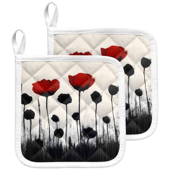 Red Black Floral Pot Holders for Kitchen Heatproof Potholder, 2 Pack Vintage Rustic Oil Painting Flowers Hot Pads Multipurpose Oven Pads Cloth Potholders Trivet for Cooking and Baking