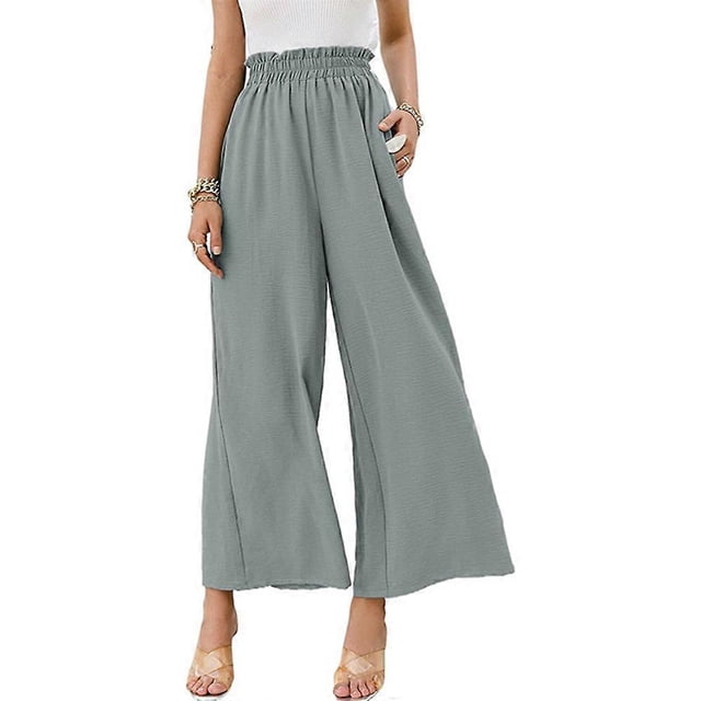 Women High Waist Wide Leg Pants Ruffled Casual Cropped Trousers with Pocket