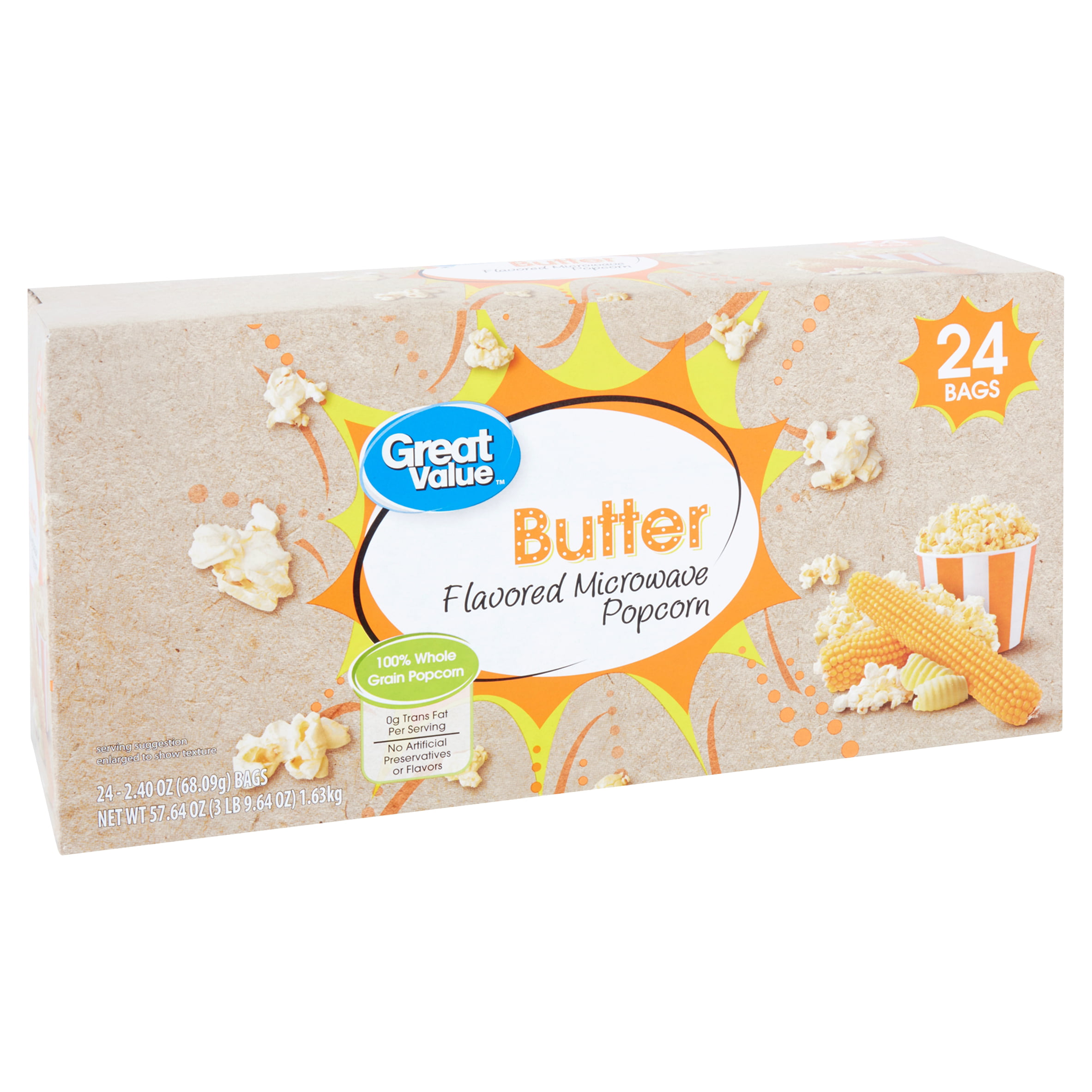 Great Value Butter Flavored Microwave Popcorn, 2.40 oz, 24 count