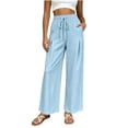 thumbnail image 4 of Linen Wide Leg Pants for Women Elastic Waist Solid Color Palazzo Pants Casual Summer Drawstring Long Pants with Pockets Flowy Beach Vacation Clothes, 4 of 8