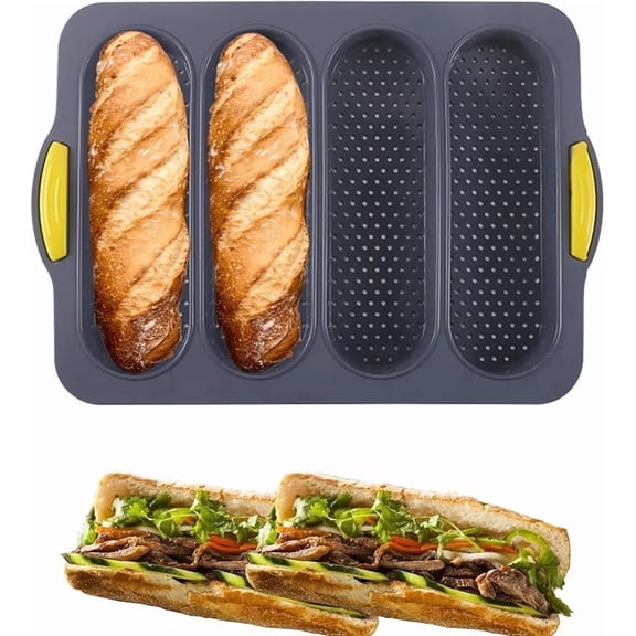 Funpisea 4-Cavity Silicone Baguette Pan, Nonstick Heat-Resistant Bread Mold