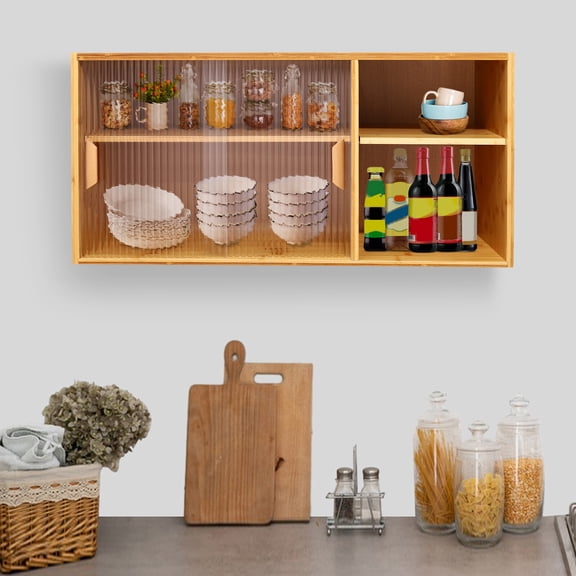 31.5*11*15.7 Modern Rectangular Log Color Wall Sideboard with Glass Doors Cupboard Food Pantry Cabinet