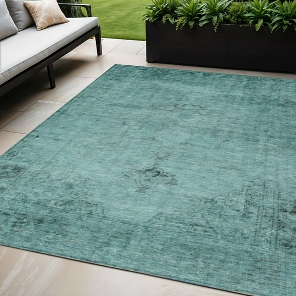 5' X 8' Teal Blue Turquoise And Charcoal Oriental Washable Indoor Outdoor Area Rug