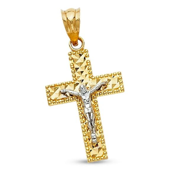 Laser Cut Cross Pendant Solid 14k Gold Two Tone Crucifix Jesus Religious Christian Charm Faith Genuine 23 mm x 15 mm