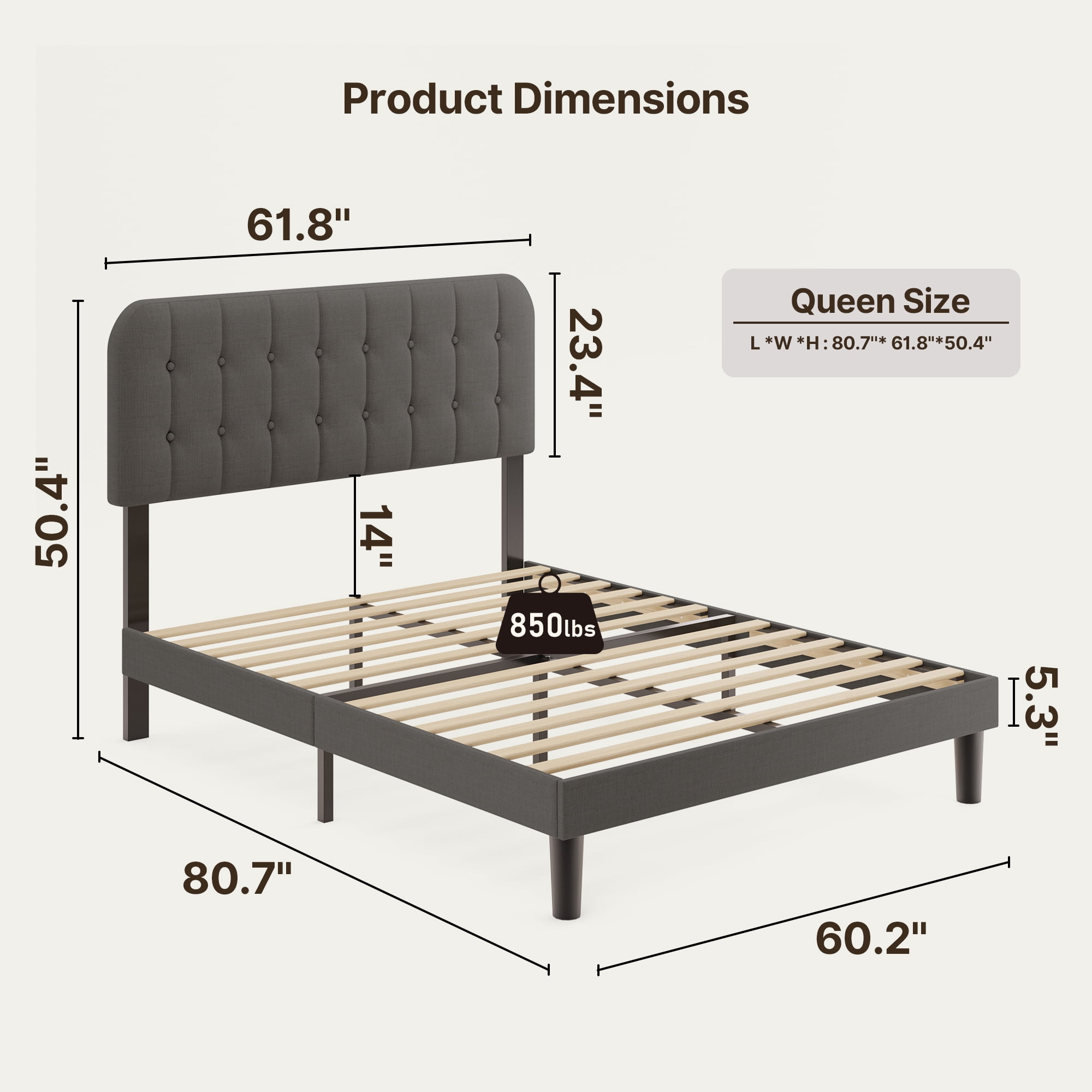 Queen Upholstered Platform Bed Frame with Headboard and 4 Wood Dressers (2,5,6 Drawer) - Modern Bedroom Furniture Set with Sturdy Slats, Noise Free - Gray & Black