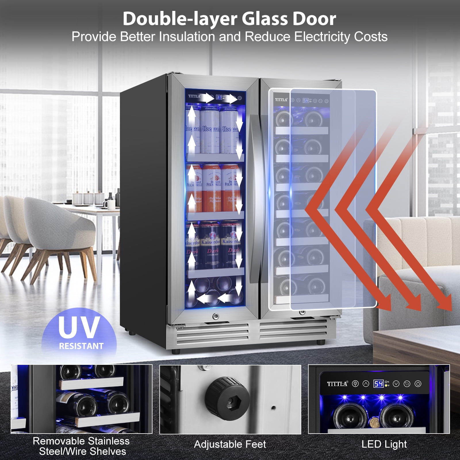 Tittla 24 Inch Wine and Beverage Refrigerators Cooler,18-Wine Bottles and 57 Cans,Dual Zone,Under Counter
