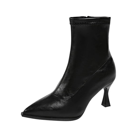 Black Chic Women'S Short Boots With Side Zipper And Pointed Toe, Designed With A Slim Heel For Versatile Winter Styling