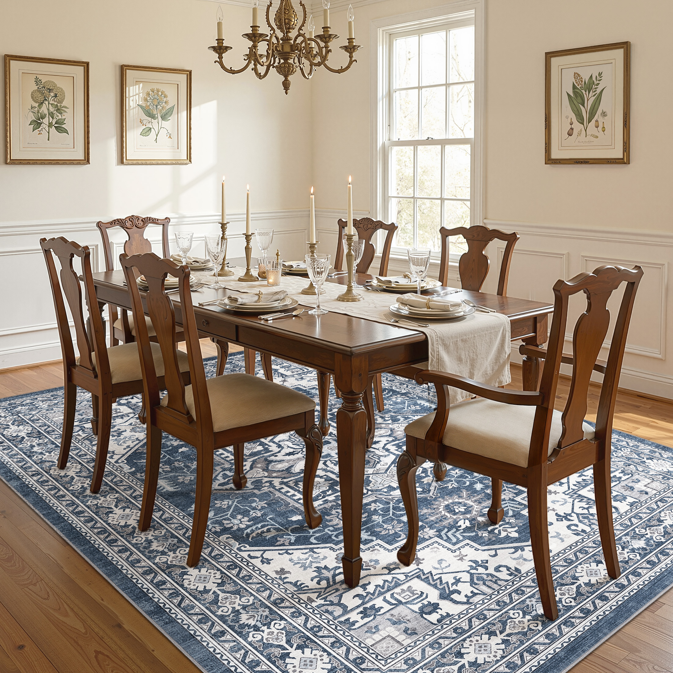 UERMEI 8x10 Washable Area Rugs for Living Room, Modern Vintage Printed Rug, Vacuum-Friendly, Non Slip Indoor Rug for Bedroom Dining Room Home Decor Carpet, Blue