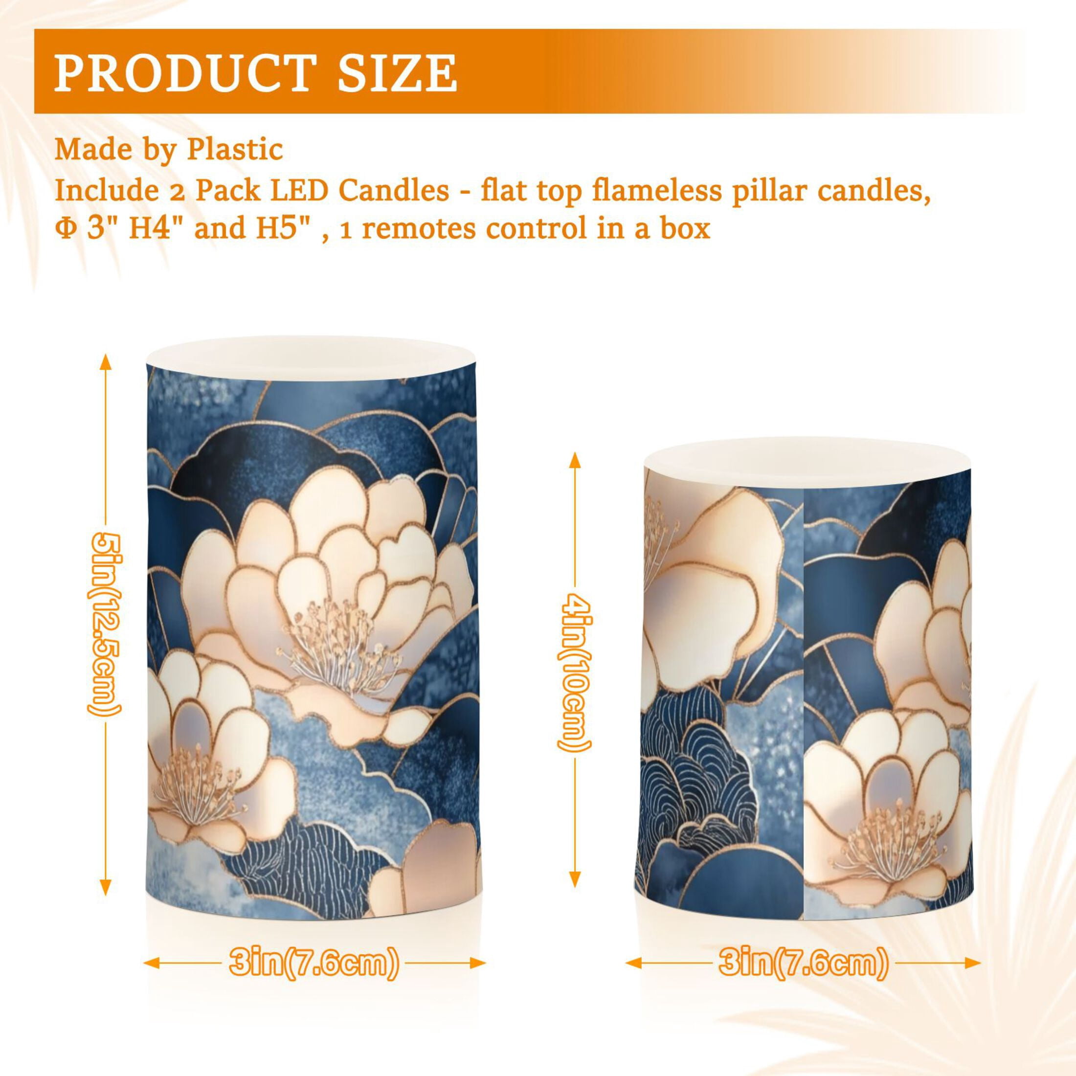 Blue Clouds and Flowers Flickering Flameless Candles Battery Operated with Remote Timer LED Pillar Candles Set of 2