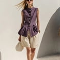 thumbnail image 4 of Vests for Women Stand Collar Waist Pleated Linen Blend Vest with Button Front Trendy Office Summer Waistcoat Purple XL, 4 of 8