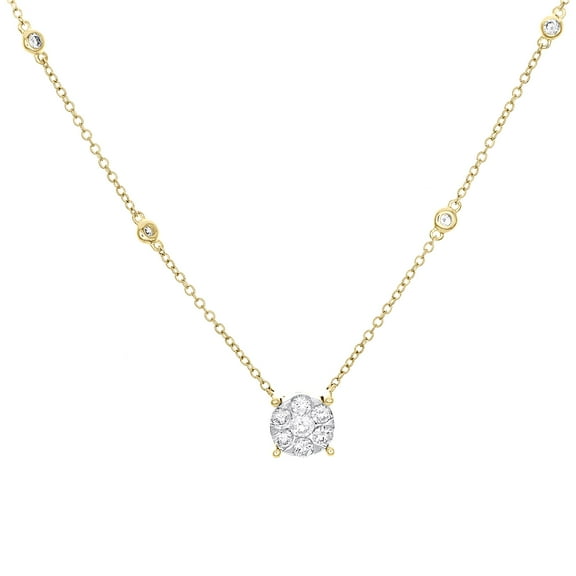 14K Yellow Gold Round Diamond Circle Statement Cluster Neckalce 18" Chain 5/8 CT