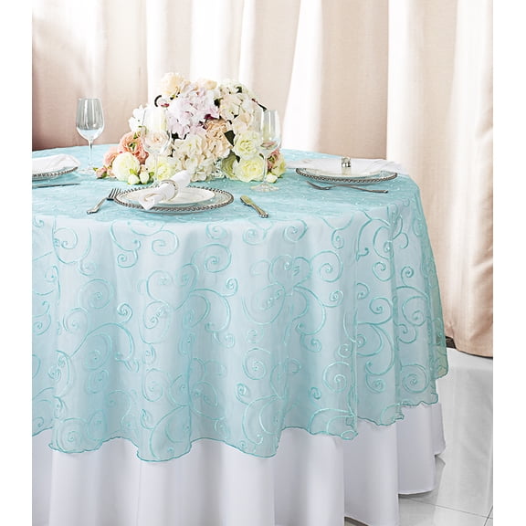 Wedding Linens Inc. 108" Round Seamless Embroidered Organza Table Overlay Tablecloth - Pool Blue