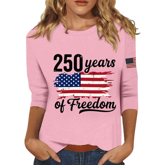 4th of July Shirts for Women 3/4 Sleeve T Shirts Casual Red White and Blue Print Pullover USA 250th Anniversary Celebration Party Tops Independence Day Patriotic Crew Neck Blouses Pink XL