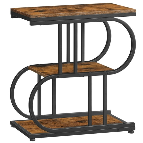 HOOBRO S-Shaped Narrow End Table, Sofa Table, Bedside Table with 3-Layer Open Shelves, for Small Space, Living Room, Bedroom, Office, Rustic Brown and Black BF163BZ01