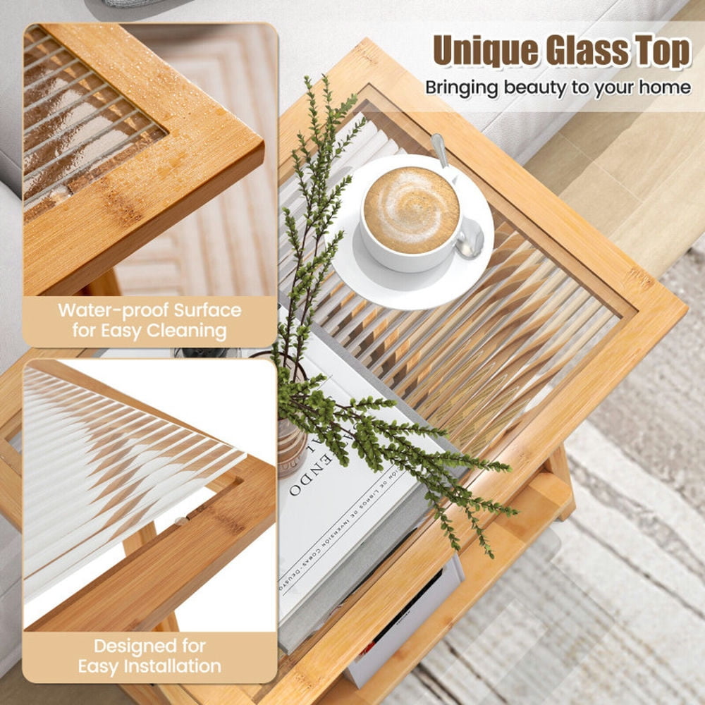 Finihen End Table, Z-shaped End Table with Magazine Rack and Rattan Shelf, Sofa Side Table, Bed Side Table, for Living Room, Bedroom, Natural Finihen End Table, Z-shaped End Table with Magazine Rack and Rattan Shelf, Sofa Side Table, Bed Side Table, for Living Room, Bedroom, Natural