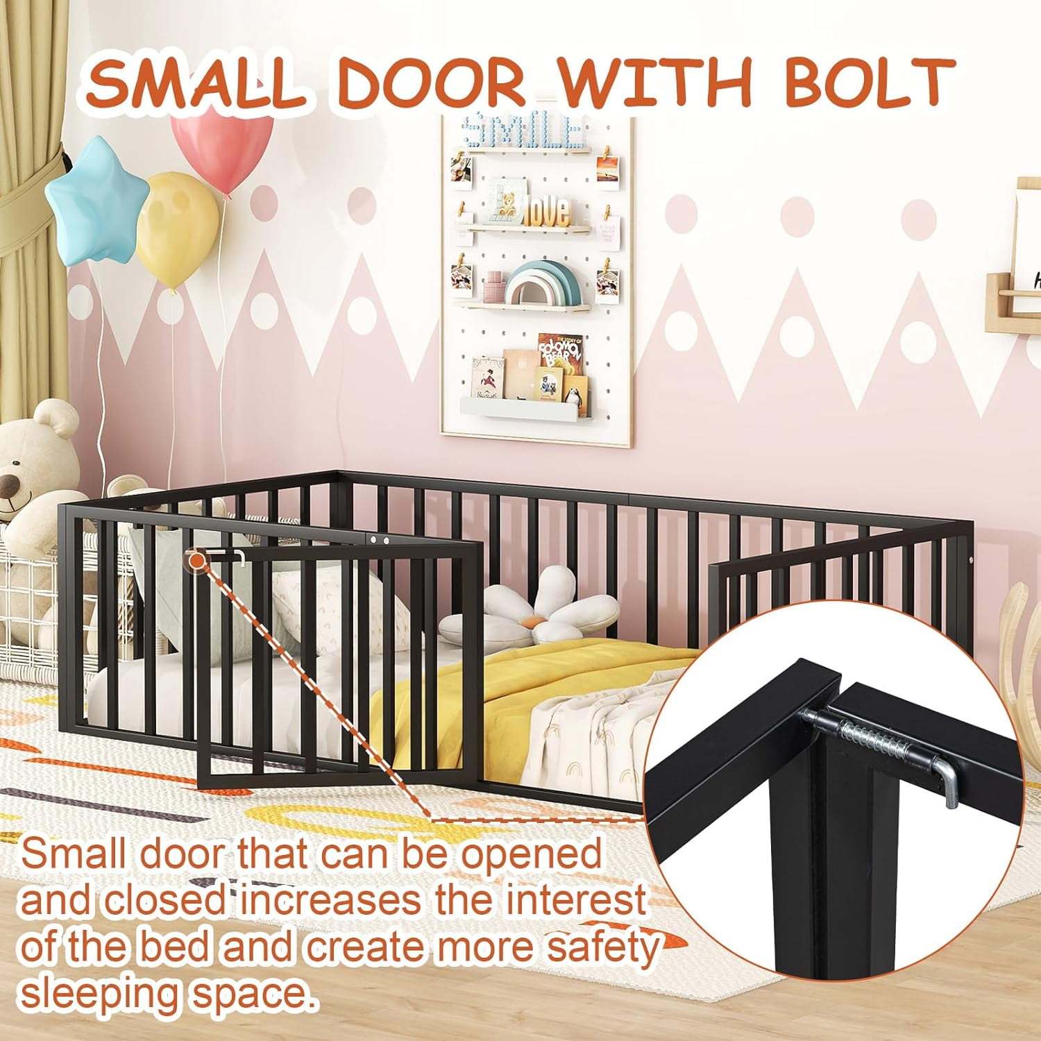 DreamBuck Twin Montessori Floor Bed with Safety Fence and Door, Metal Floor Bed Frame, Minimalist Versatile Floor Bed for Boys, Girls, Twin Bed Frame for room, Playroom