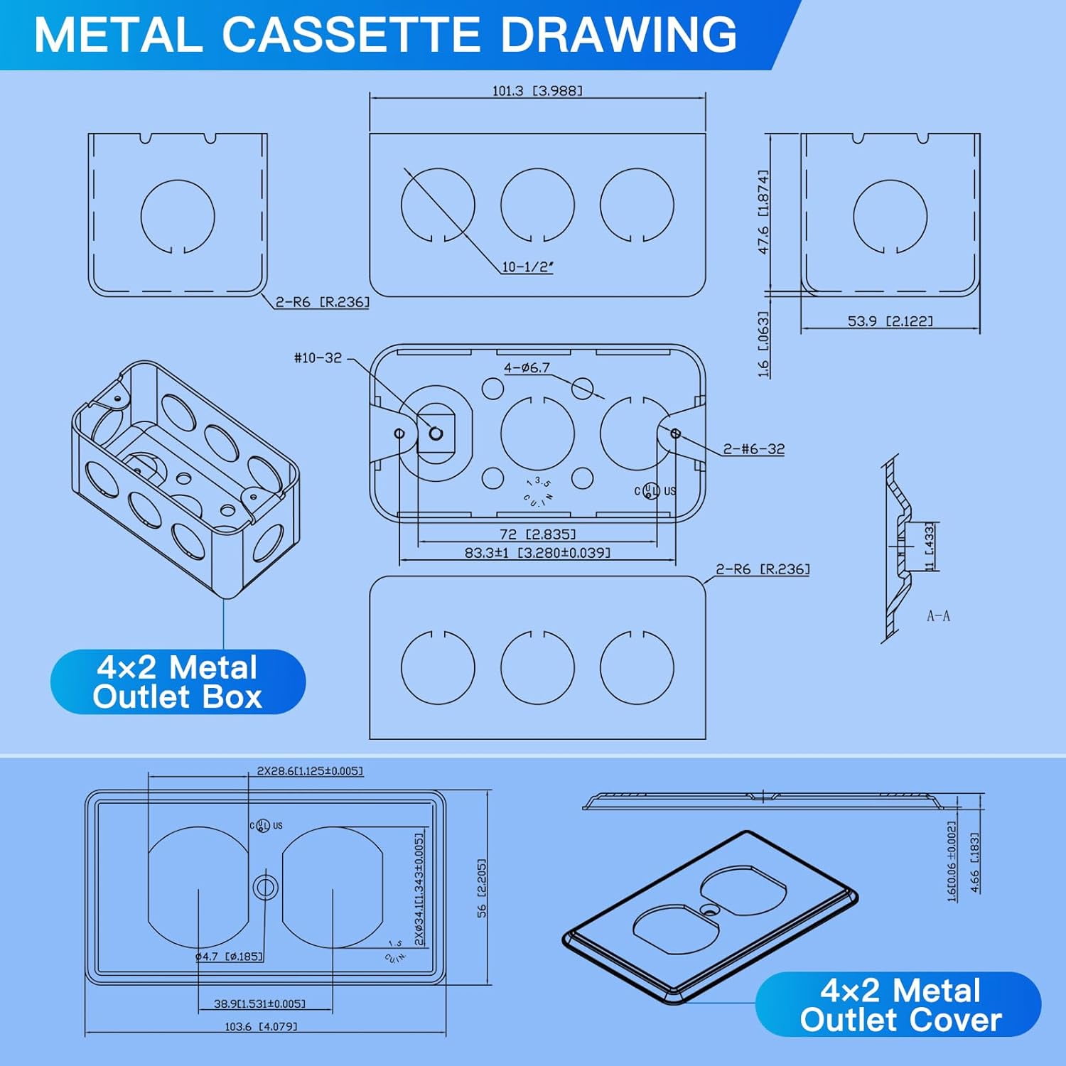 Box Cover Set,Galvanized Steel,4"×2" Electrical Outlet Boxes and Outlet Covers for Duplex Receptacle,8×1/2'' in Side and 2×1/2'' in Bottom Knockouts,Thickness 1.6mm Handy Box,Drawn Construction