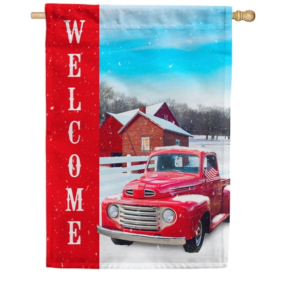 America Forever Winter Red Truck Christmas House Flag Double Sided Vertical Decorative 28 x 40 inches for Outdoor, Yard, Porch Happy Holidays Merry Christmas Welcome Snowfall Celebration House Flag