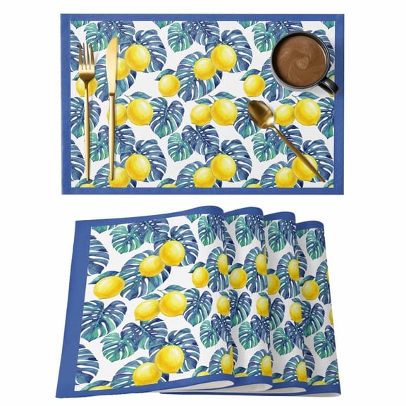 Yellow Lemon Placemats Set of 8 Blue Tropical Leaves Summer Plants Fruits Place Mats Indoor Wipeable Table Mats Washable Cloth Dining Table Placemats for Kitchen Holiday Party Home Decor 13x19 Inch