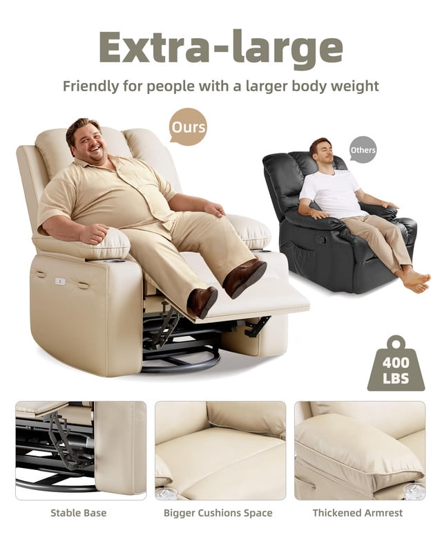 TROPOW Oversized Electric Power Recliner Chair with Heat & Massage - 360° Swivel Rocker Recliner for Living Room, PU Leather Recliner with 1.5X Sponge Filling, 22" Large Seat Lazyboy Style