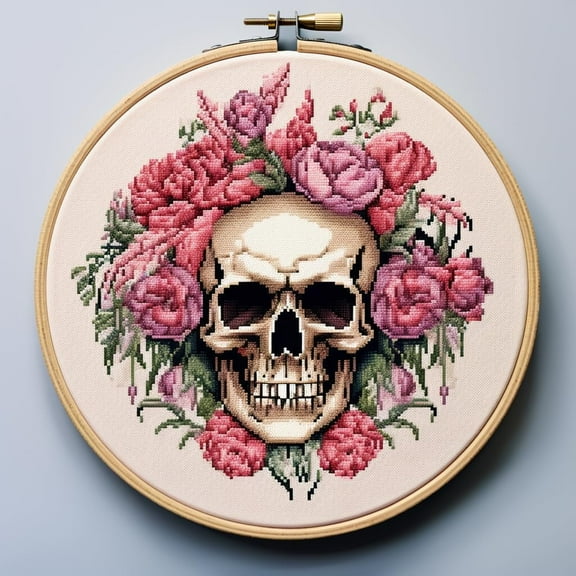 Skull Round Shape Stamped Cross Stitch Kits for Beginners Easy with Hoop 11CT Needlepoint Embroidery DIY Counted Cross Stitch Kits Art Craft Wall Decoration 35x35cm(1)