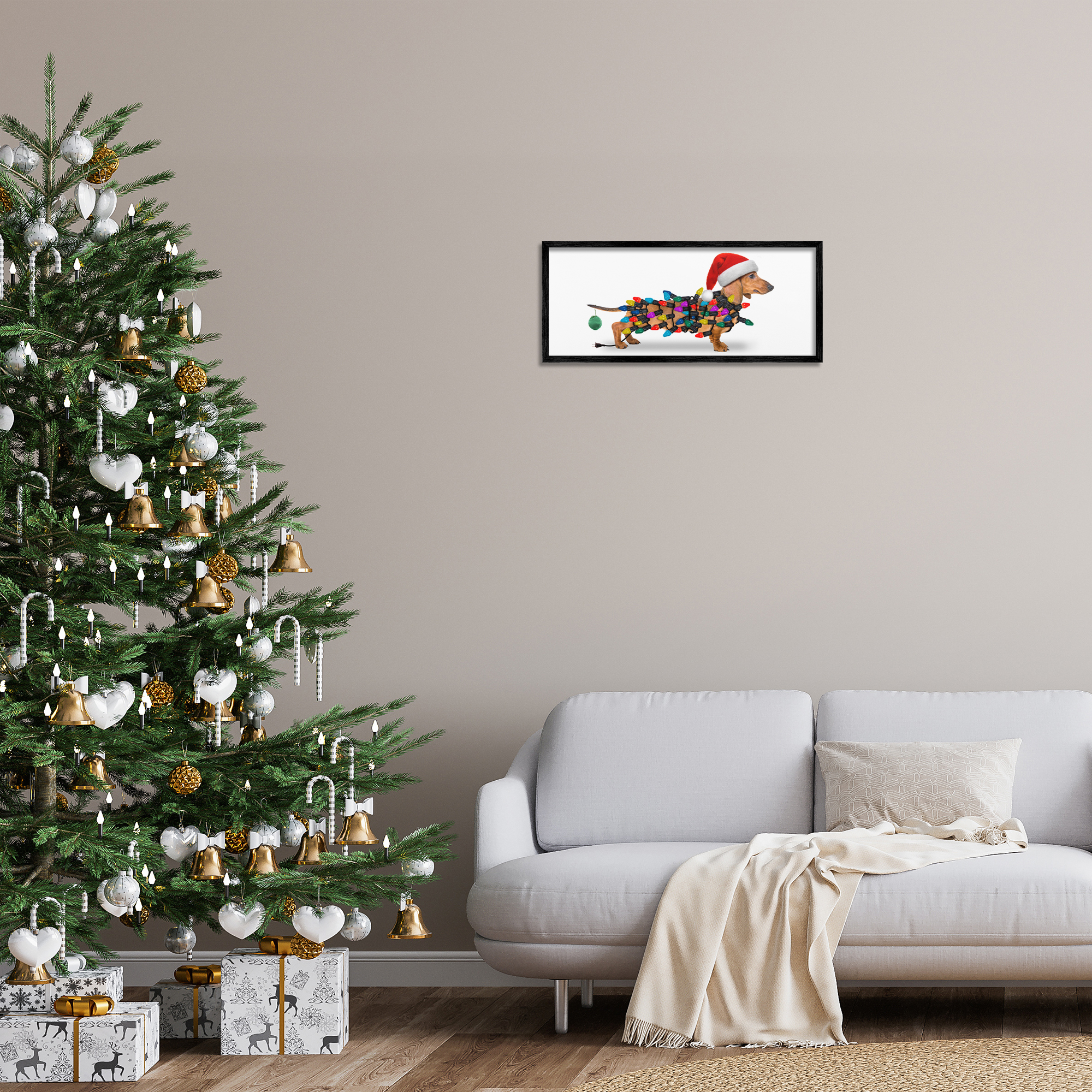 Stupell Industries Holiday Lights Dachshund Holiday Painting Black Framed Art Prints Wall Art, 24 x 10